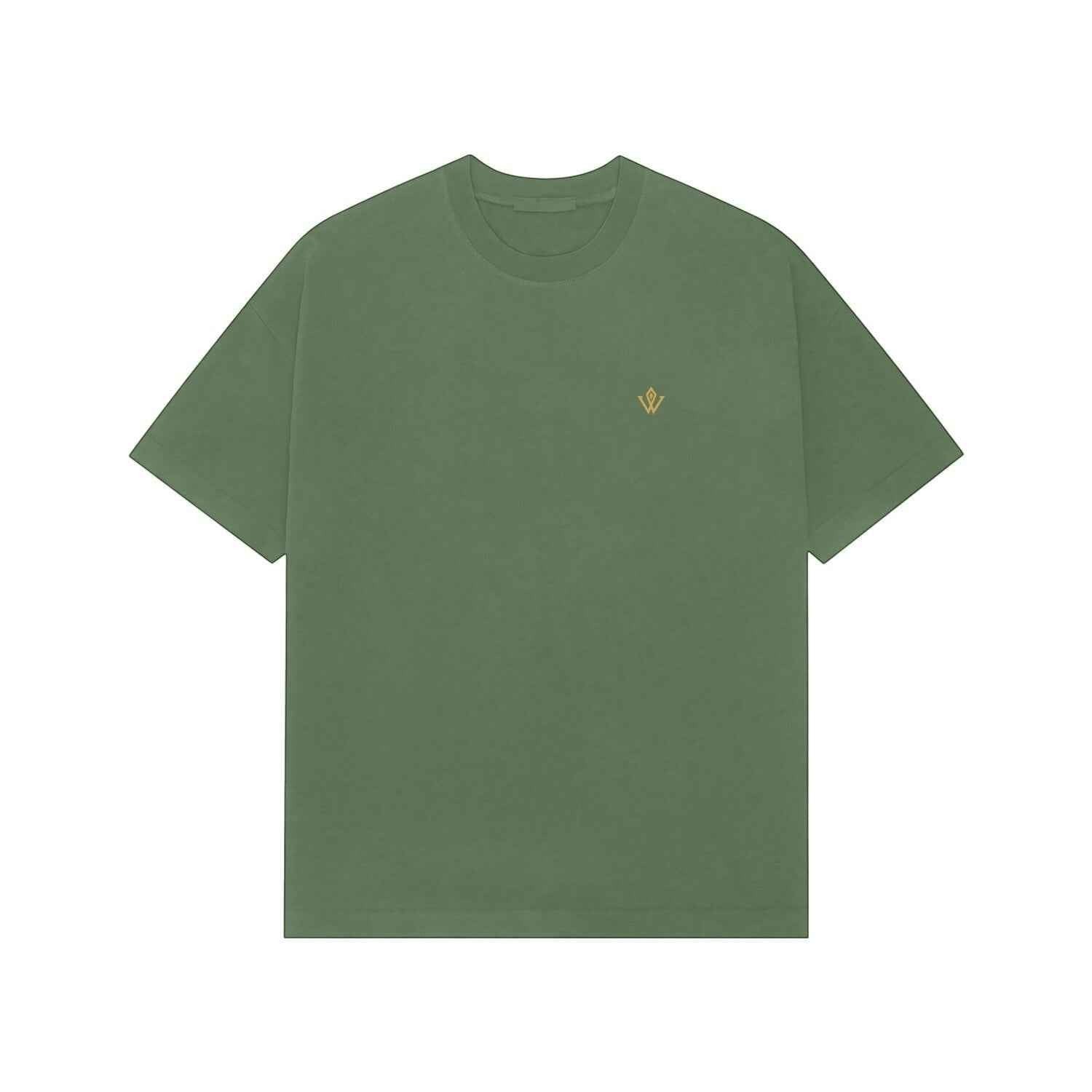 VVID Essential Oversized Tee in olive green cotton with embroidered gold logo on chest.