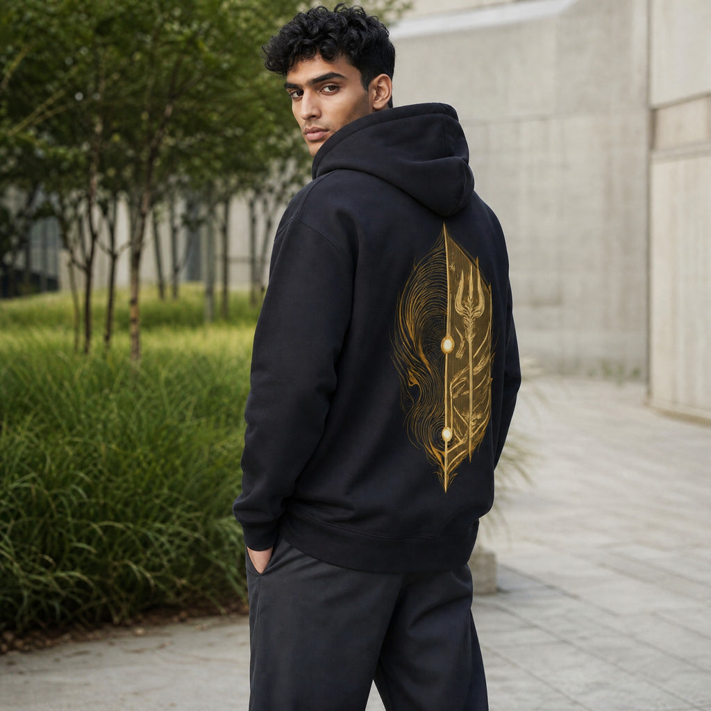 VVID Essentials - Path of Dharma Gold Hoodie in charcoal grey, featuring a gold graphic design on the back.