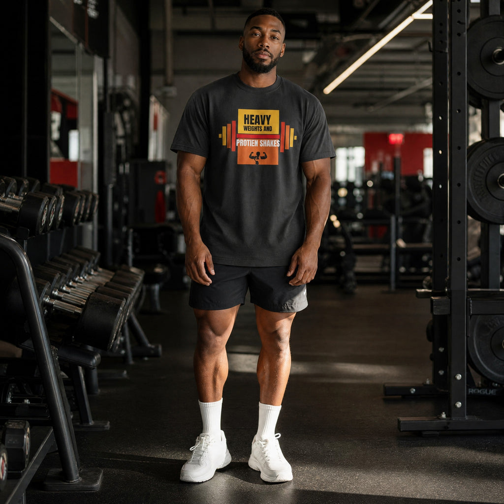 VVID Premium Gym T-Shirt in charcoal grey with a graphic print of a barbell and text reading "HEAVY WEIGHTS AND PROTIEN SHAKES" with a flexing arm icon.