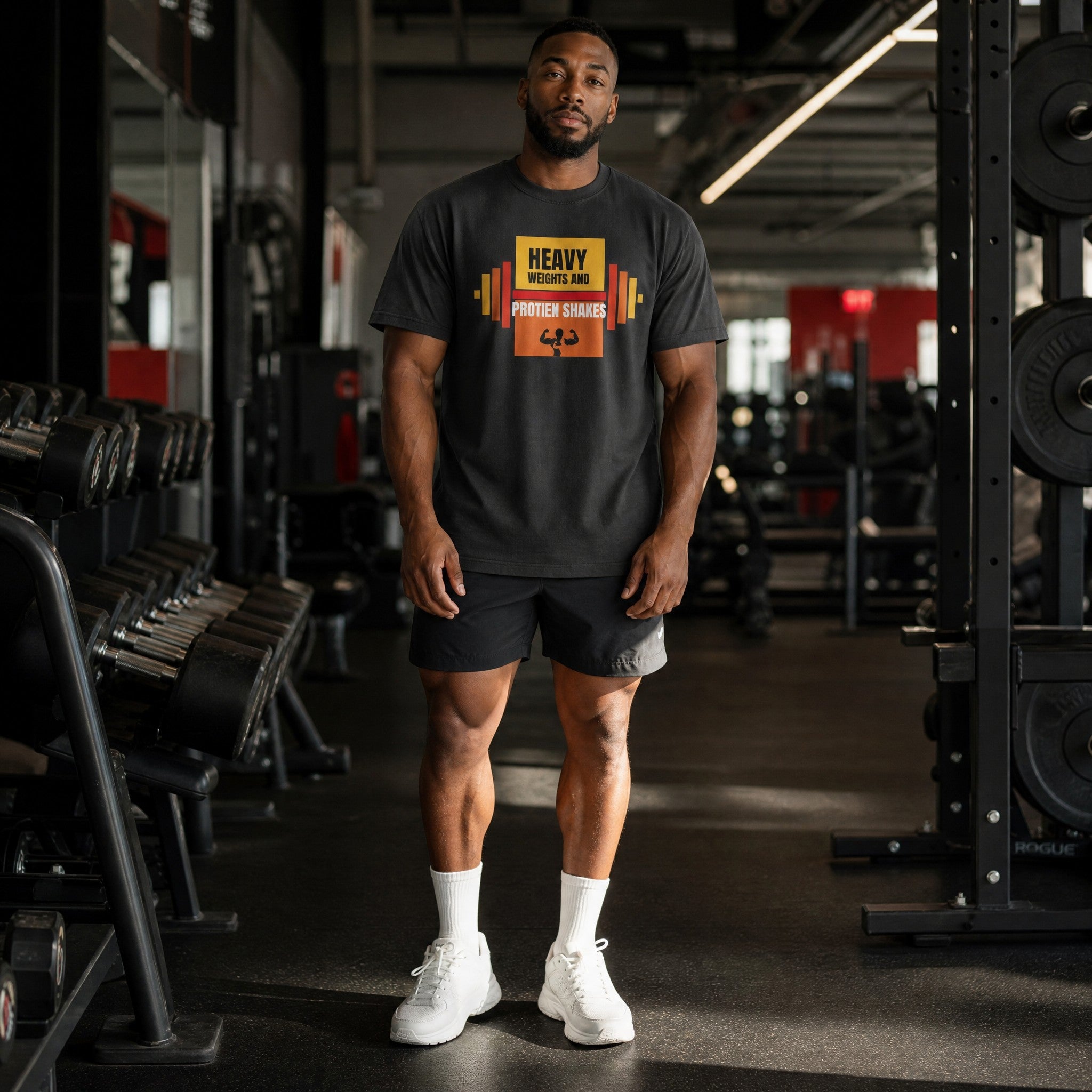 VVID Premium Gym T-Shirt in charcoal grey with a graphic print of a barbell and text reading "HEAVY WEIGHTS AND PROTIEN SHAKES" with a flexing arm icon.