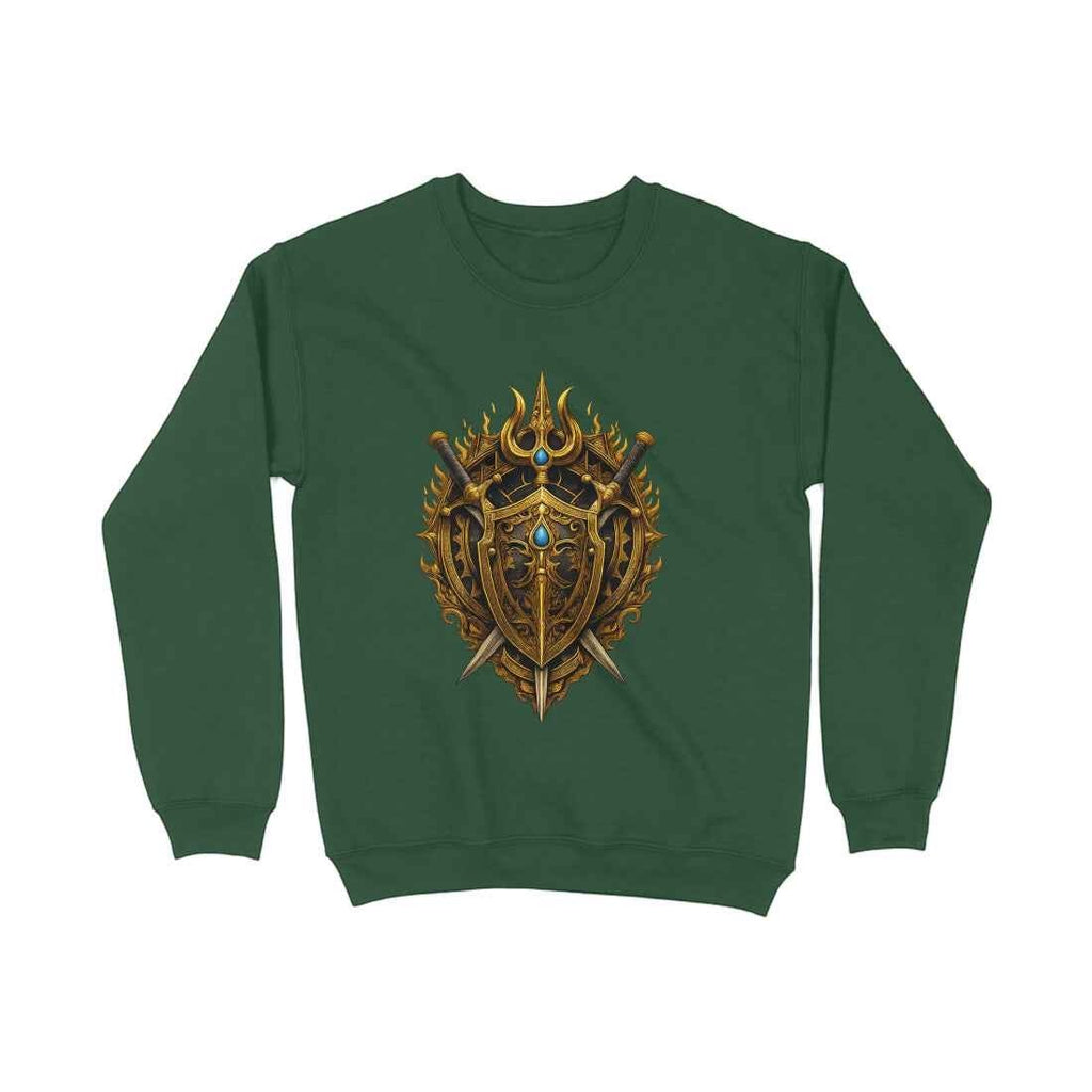 VVID Essentials green cotton-blend crewneck sweatshirt with a detailed gold warrior crest print featuring swords and flames.